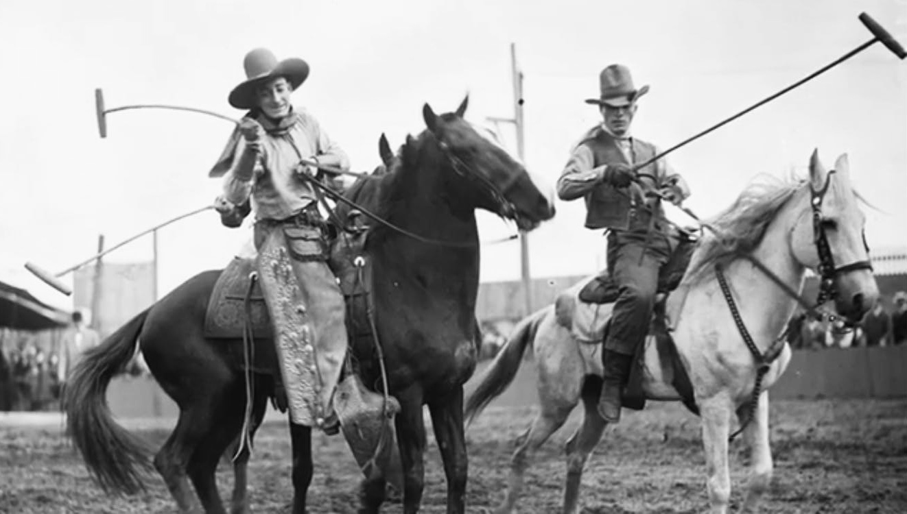 Western riders and cow horses preparing for a Palmetto Polo match